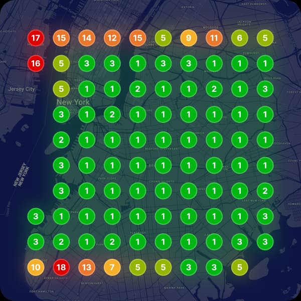 Local search ranking grid — green circles show top-3 positions across the city