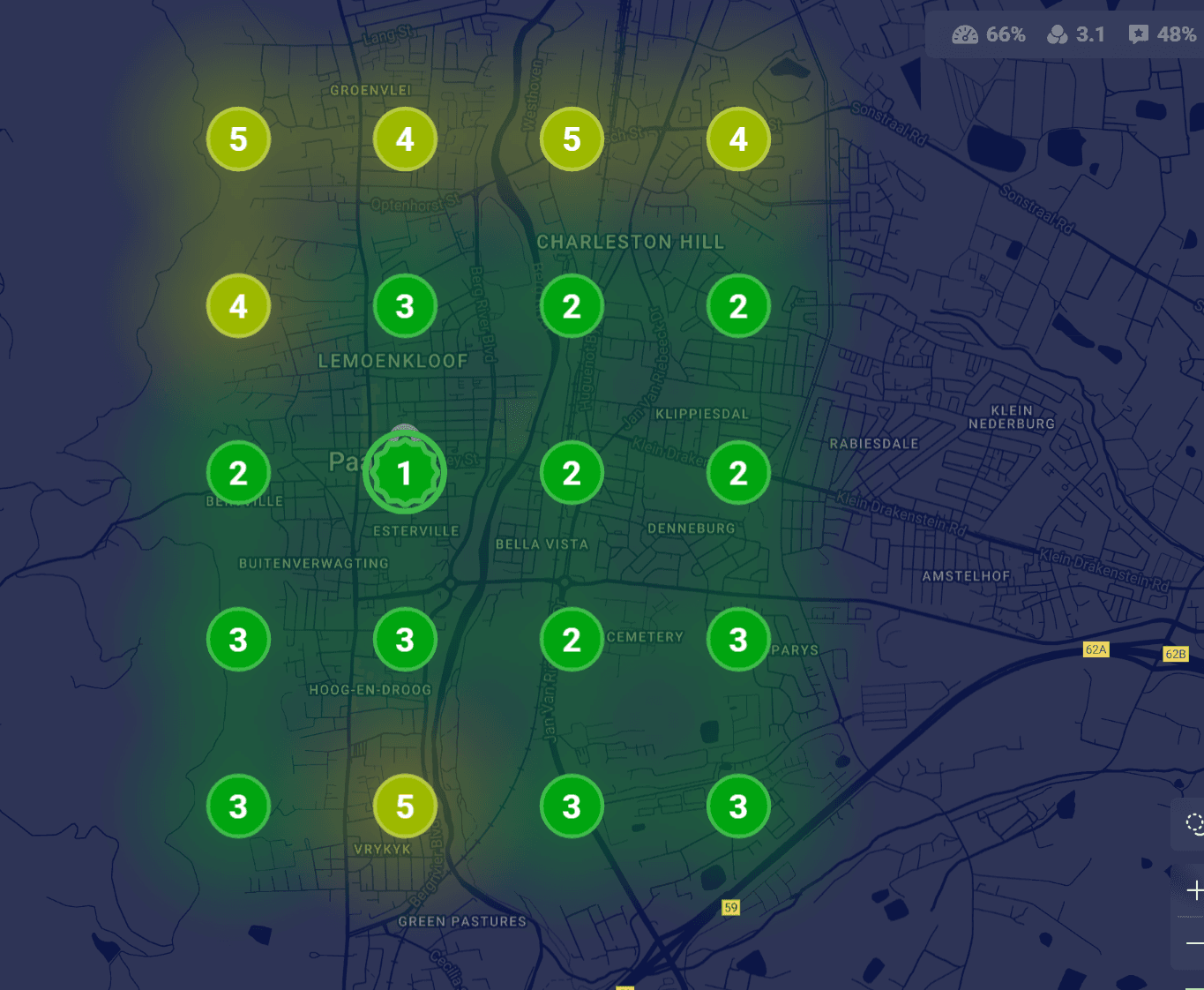 Google ranking grid across Paarl showing first position in the town centre and mostly top-three positions in the surrounding suburbs