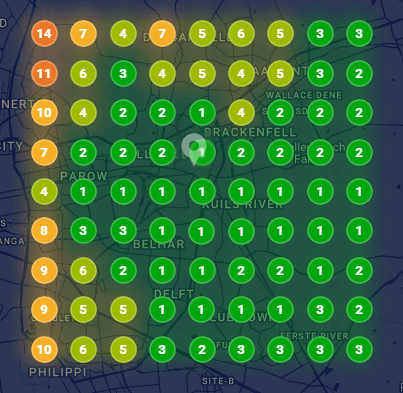After: the business ranks in the top three across the area, shown as green pins