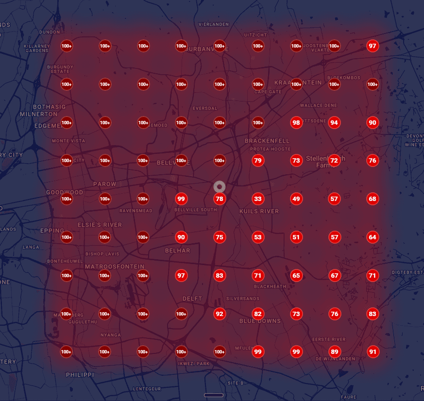 Before: the business ranks outside the top results across the area, shown as red pins