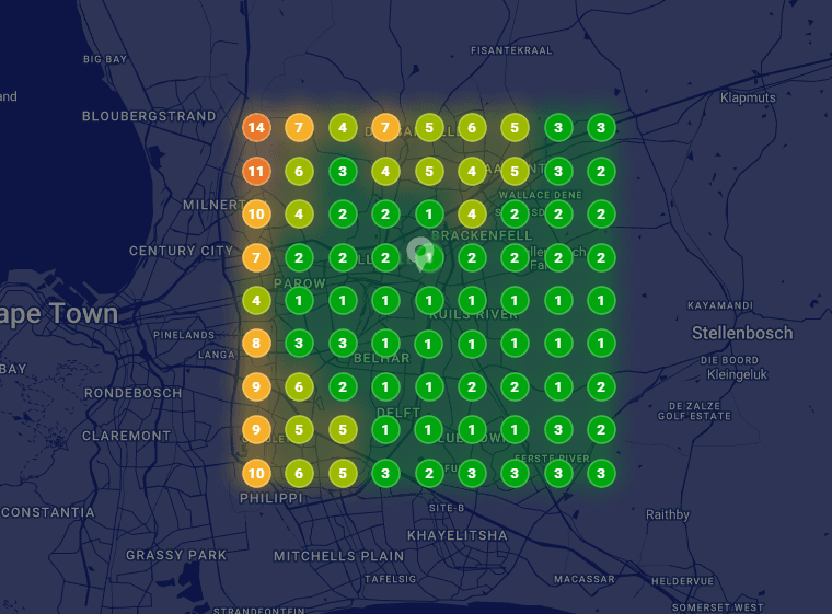 Local rank map showing top-three green rankings across the area