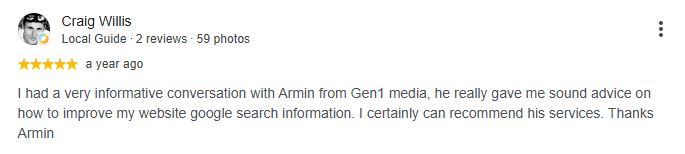 Five-star Google review of Gen1 Media from Craig Willis