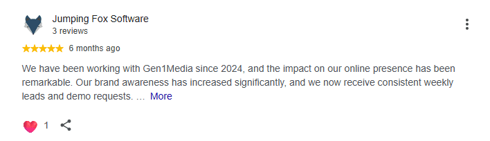 Five-star Google review of Gen1 Media from Jumping Fox Software