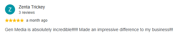Five-star Google review of Gen1 Media from Zenta Trickey