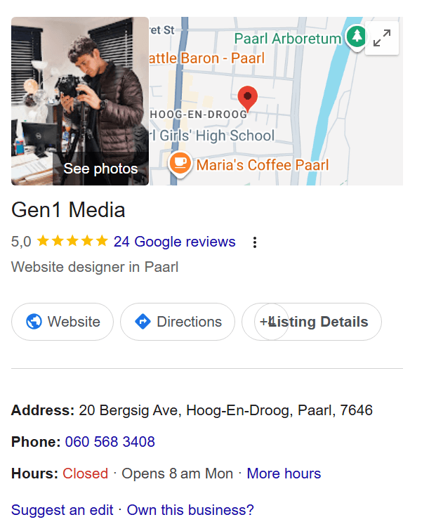 The Google panel for Gen1 Media, showing photos, a map, star rating, address, phone number and opening hours