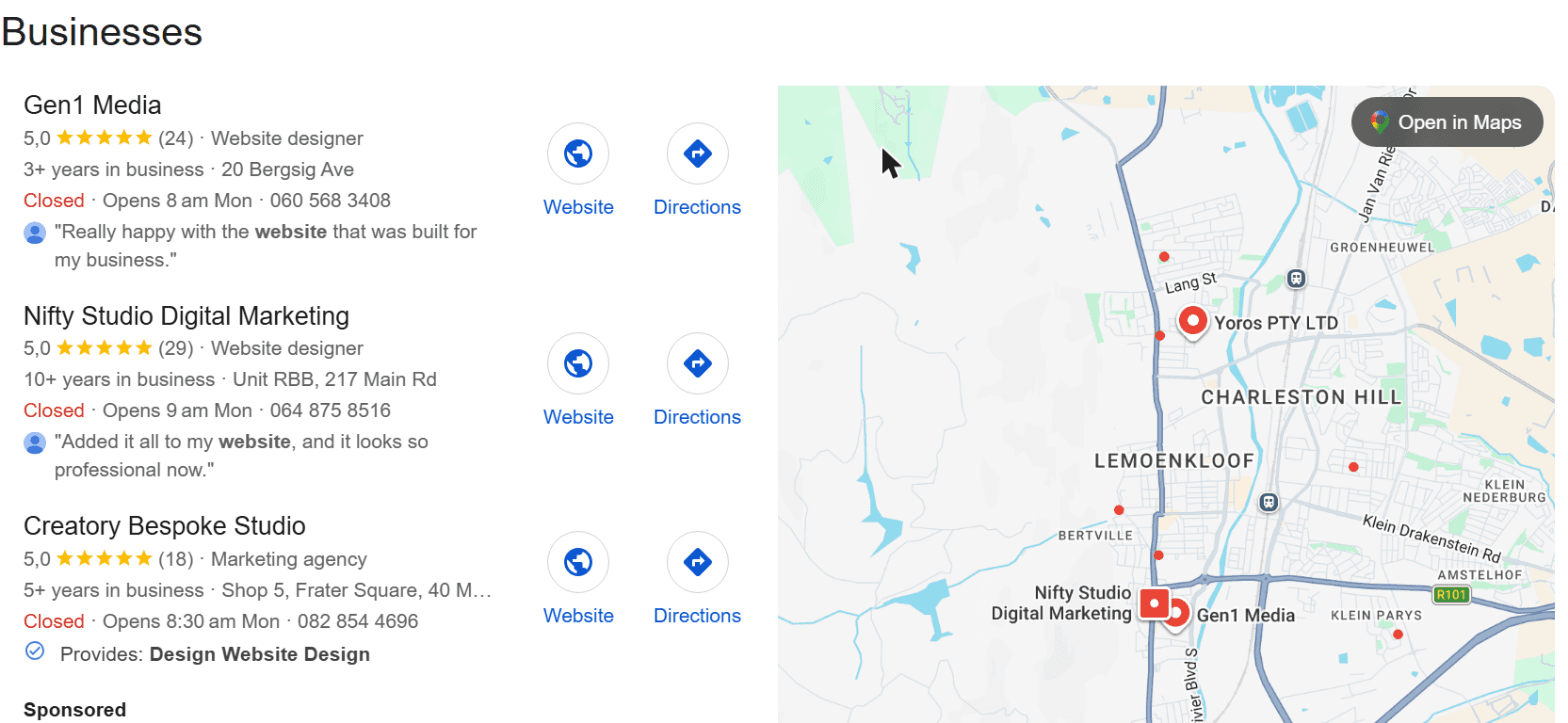 Google results for website designer Paarl, showing three businesses with star ratings beside a map