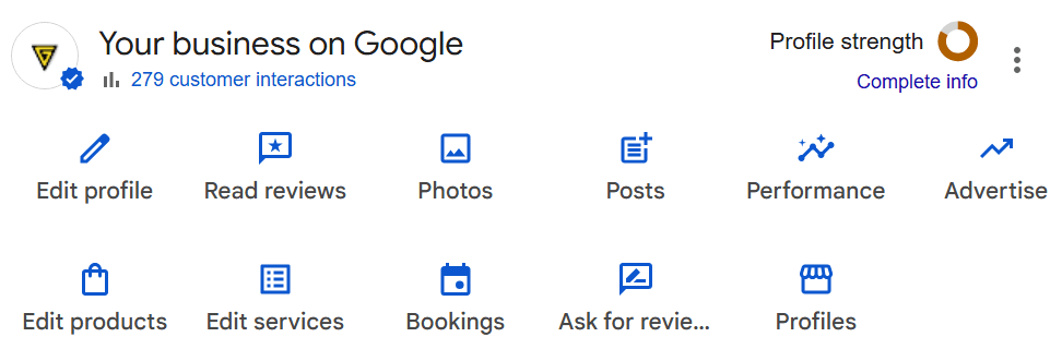 The Your business on Google bar, with buttons for editing the profile, reading reviews, adding photos and posts